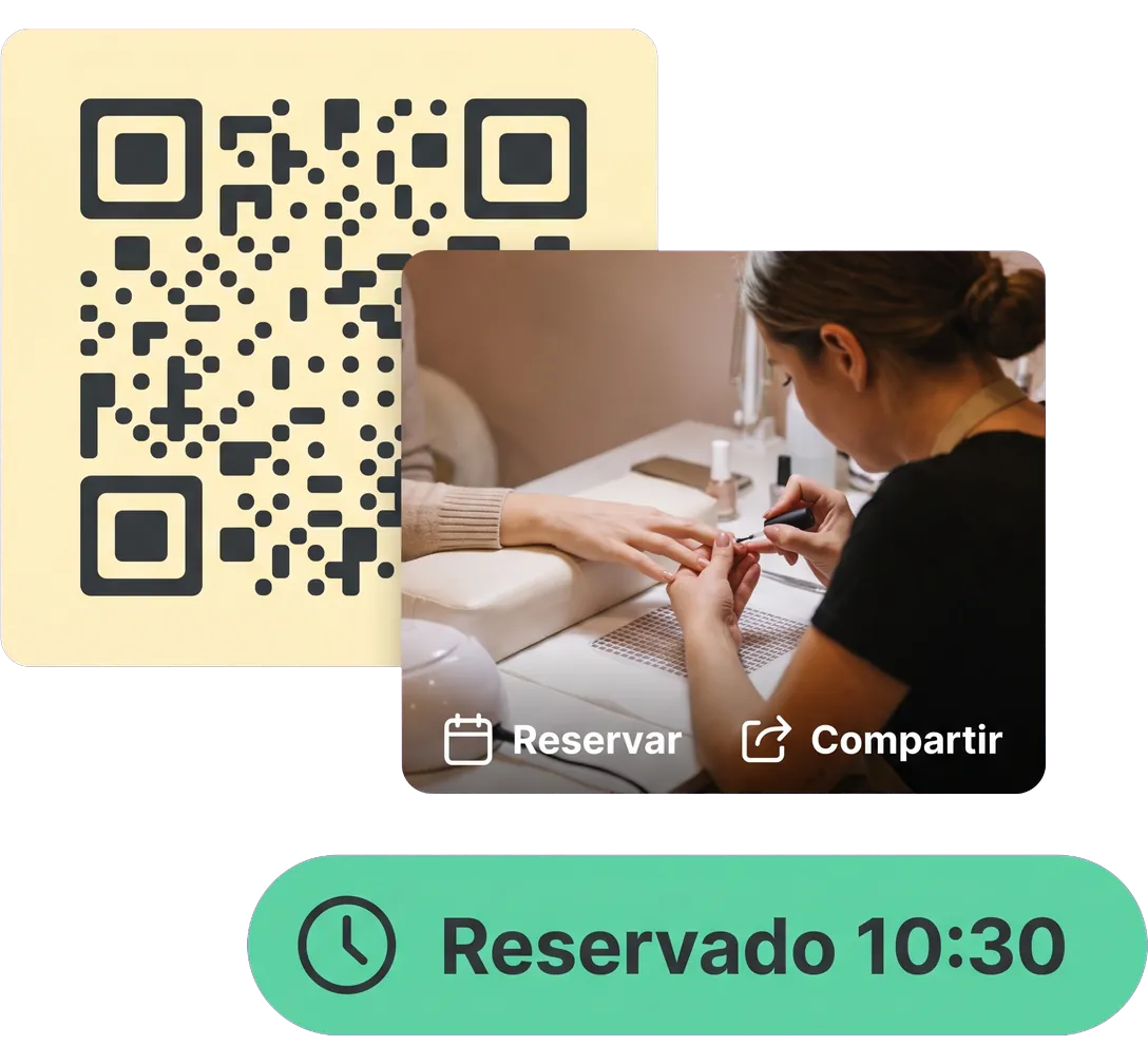Código QR junto a una historia de Instagram con el botón de reservar y un aviso de reserva confirmada.