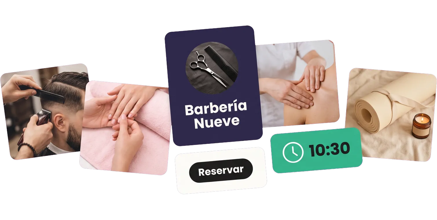 Recortes de páginas Planfy de una barbería, un salón de uñas, una consulta y un estudio de yoga.