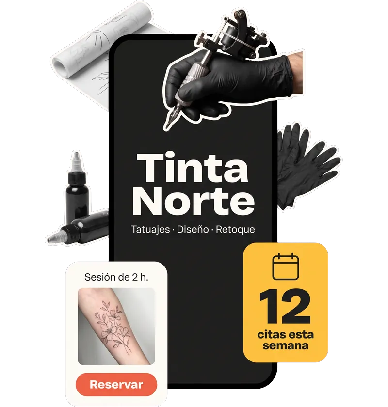 Página de un estudio de tatuajes, en negro y con tipografía rotunda: nada que ver con la de un salón de belleza.